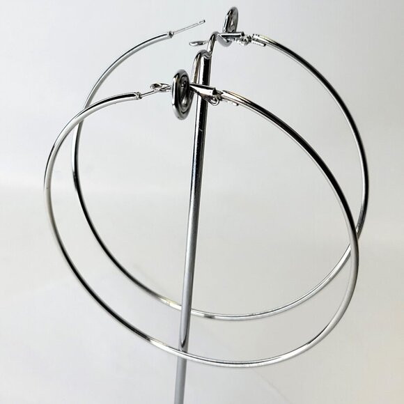 Huge Silver Tone Hoop Earrings - Picture 2 of 5